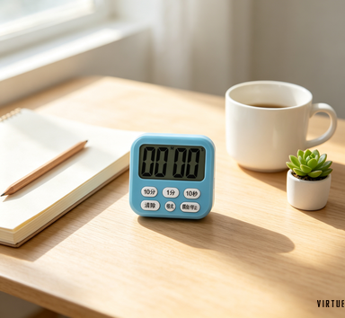 Square digital countdown timer placed on wooden desk, electronic kitchen & study timer