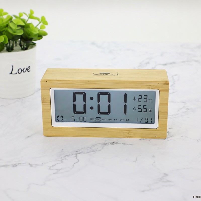 Compact Bamboo LCD Snooze Alarm Clock