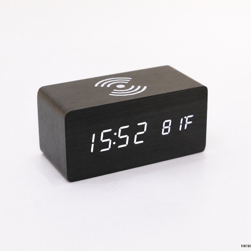 Wood Digital Alarm Clock With Wireless Charging
