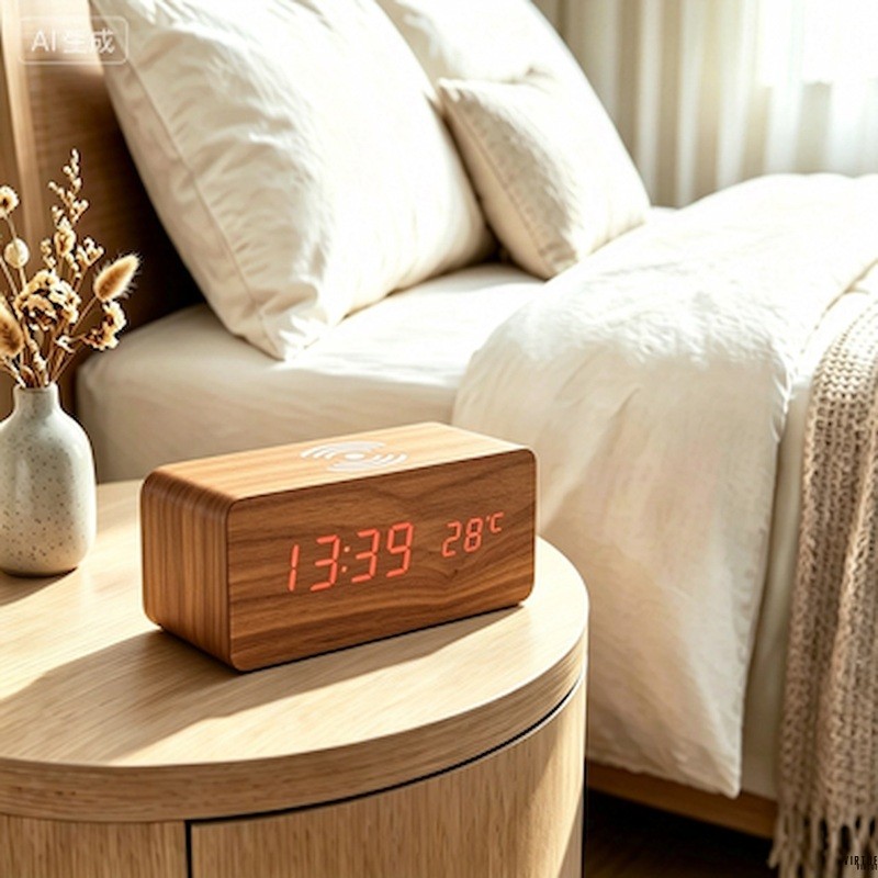 Bedroom Nightstand Wooden Clock With Wireless Charger