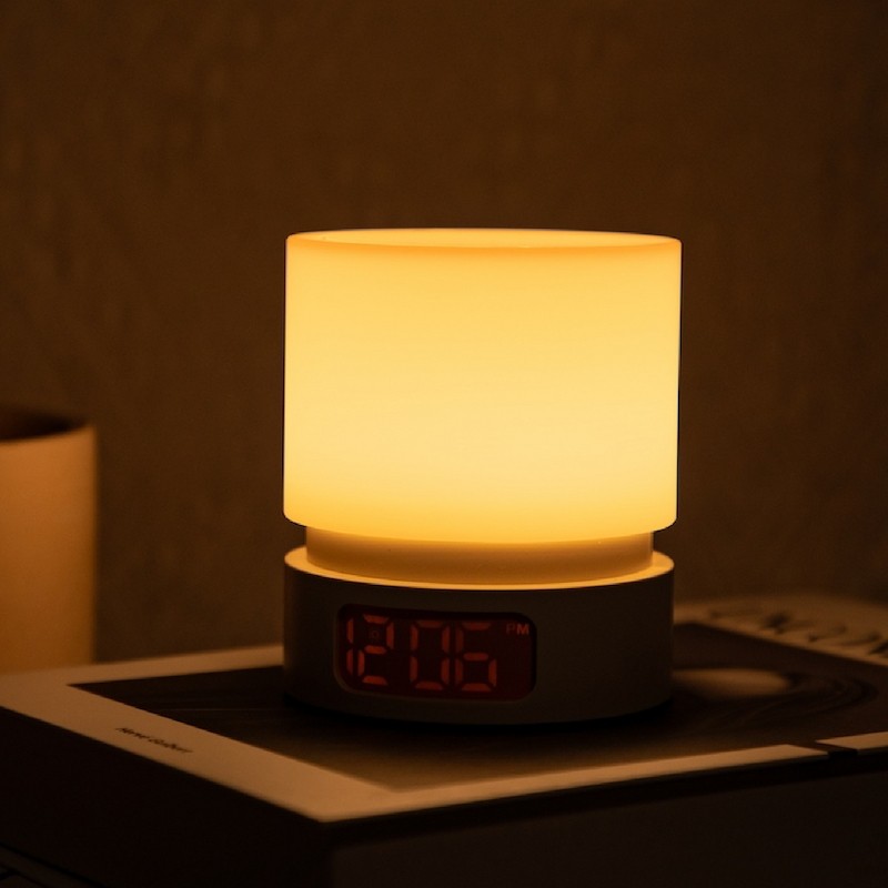 Rotatable cylindrical night light alarm clock, wake-up light bedside lamp with sunset mode