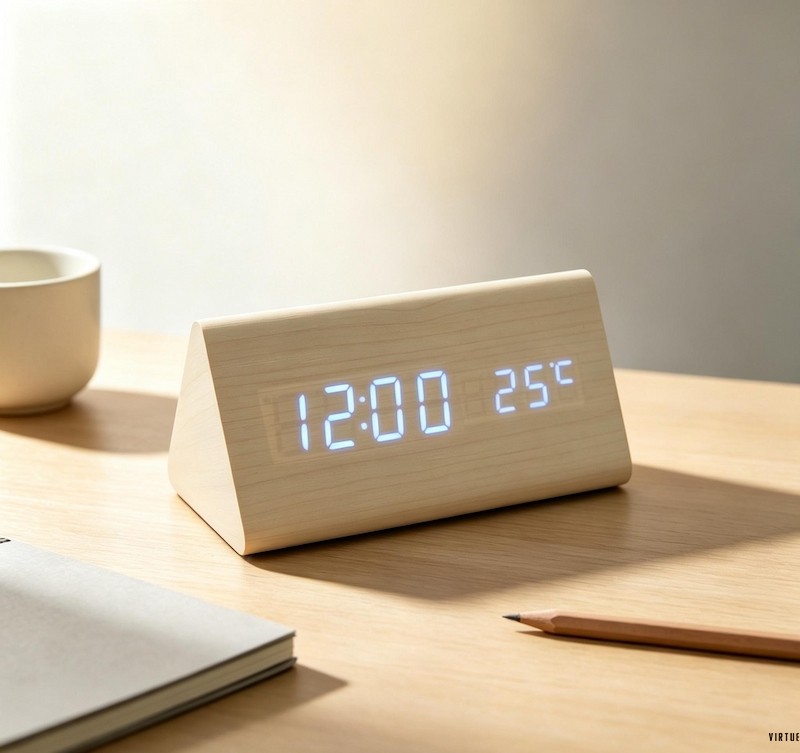 wood look triangular led alarm clock t934 t915 time temperature date display bedroom desktop decor